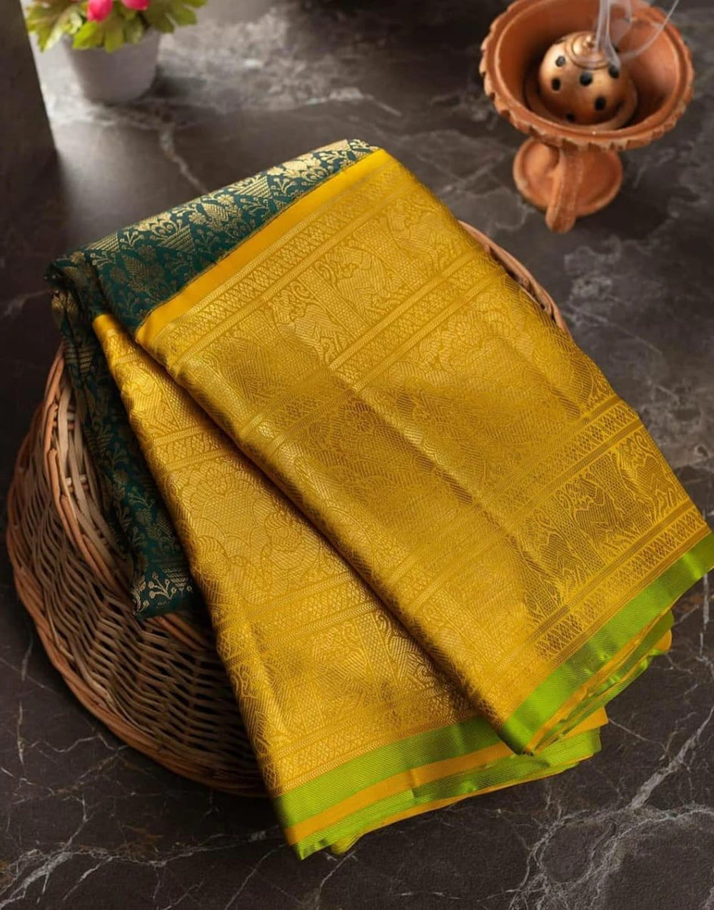 Green & Yellow Banarasi Soft Silk Saree With Weaving Work