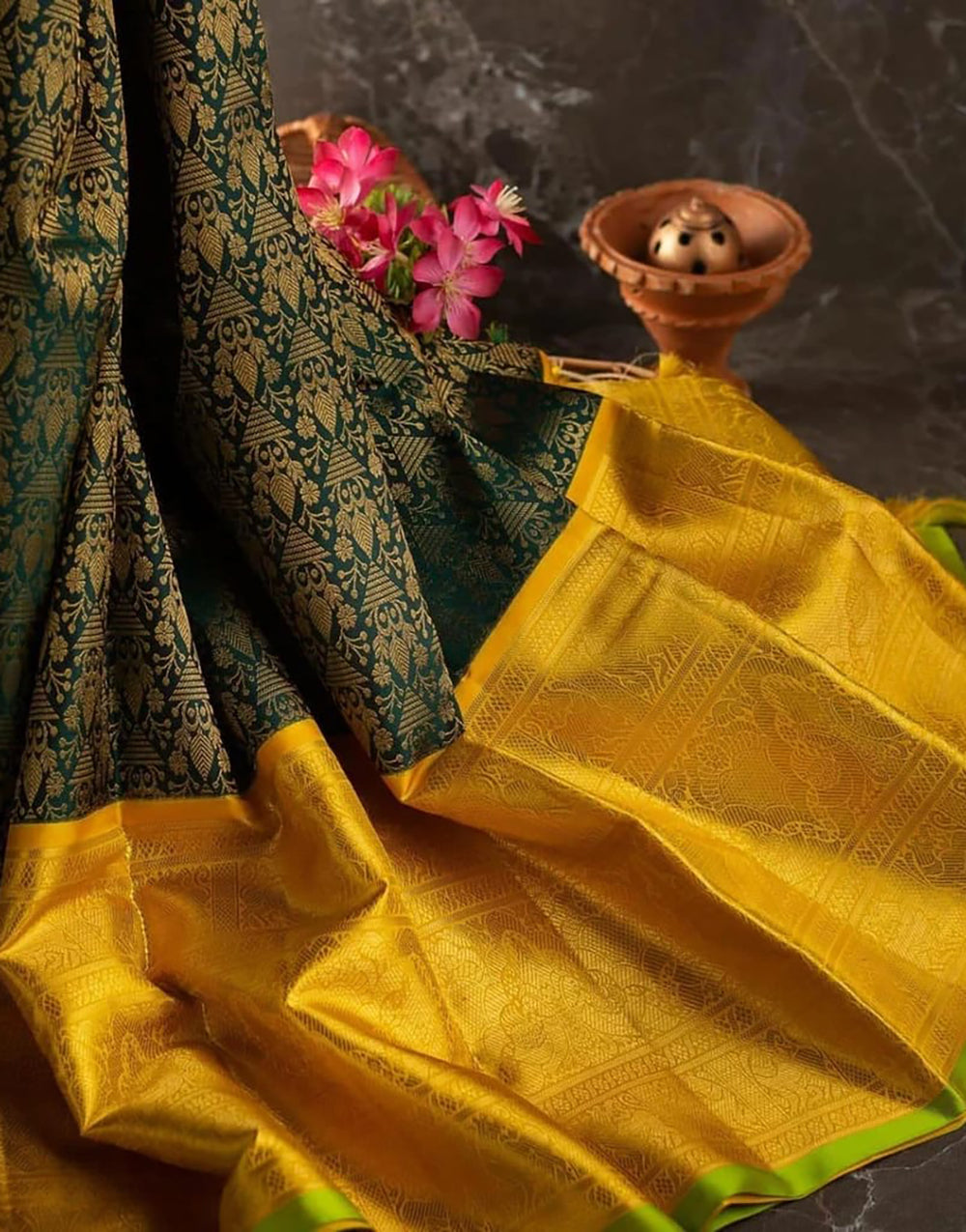 Green & Yellow Banarasi Soft Silk Saree With Weaving Work