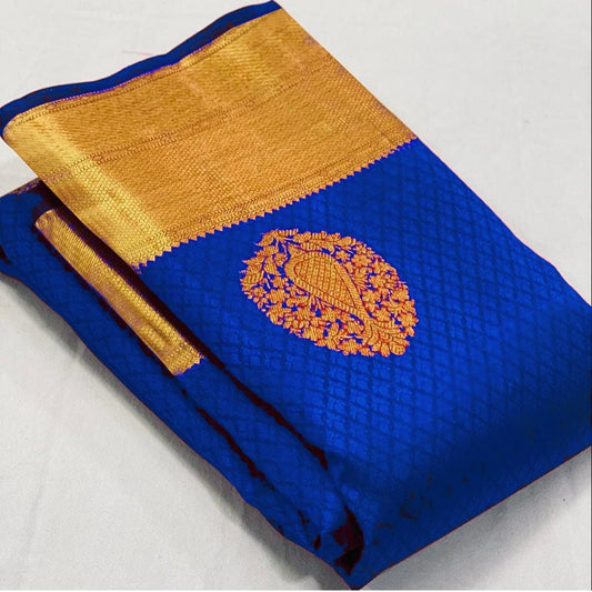 Fantabulous Royal Blue Soft Banarasi Silk Saree With Lissome Blouse Piece