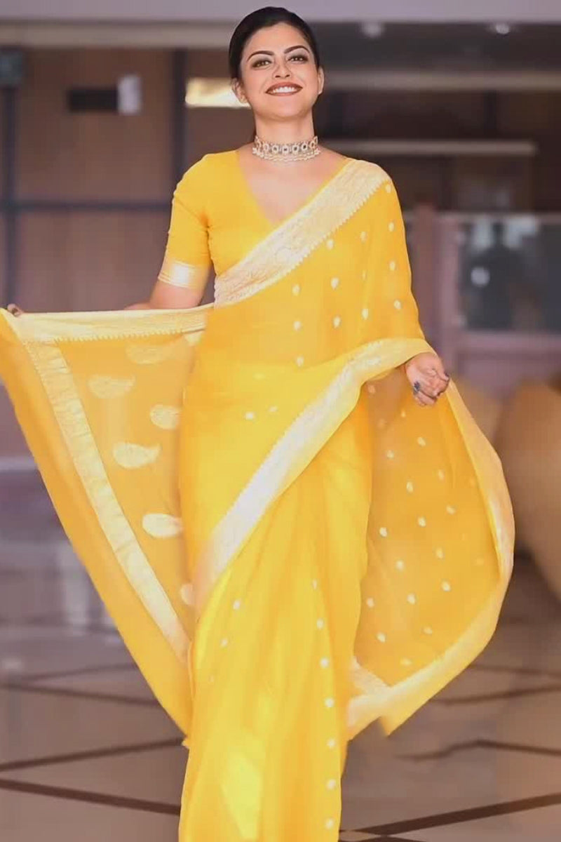 Exquisite Yellow Soft Silk Saree With Profuse Blouse Piece