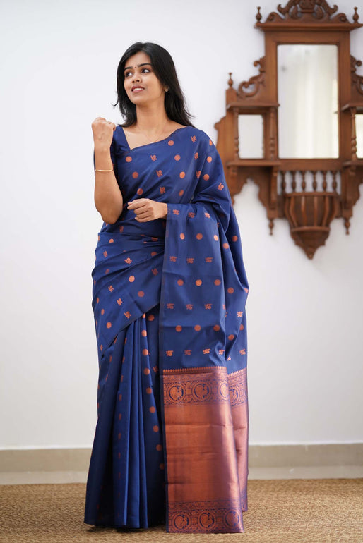 Gratifying Blue Soft Silk Saree With Skinny Blouse Piece