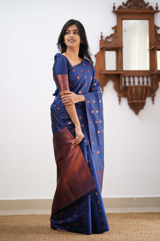 Gratifying Blue Soft Silk Saree With Skinny Blouse Piece