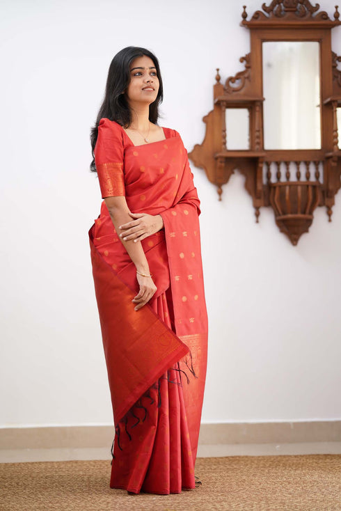 Eye-catching Red Soft Silk Saree With Glowing Blouse Piece