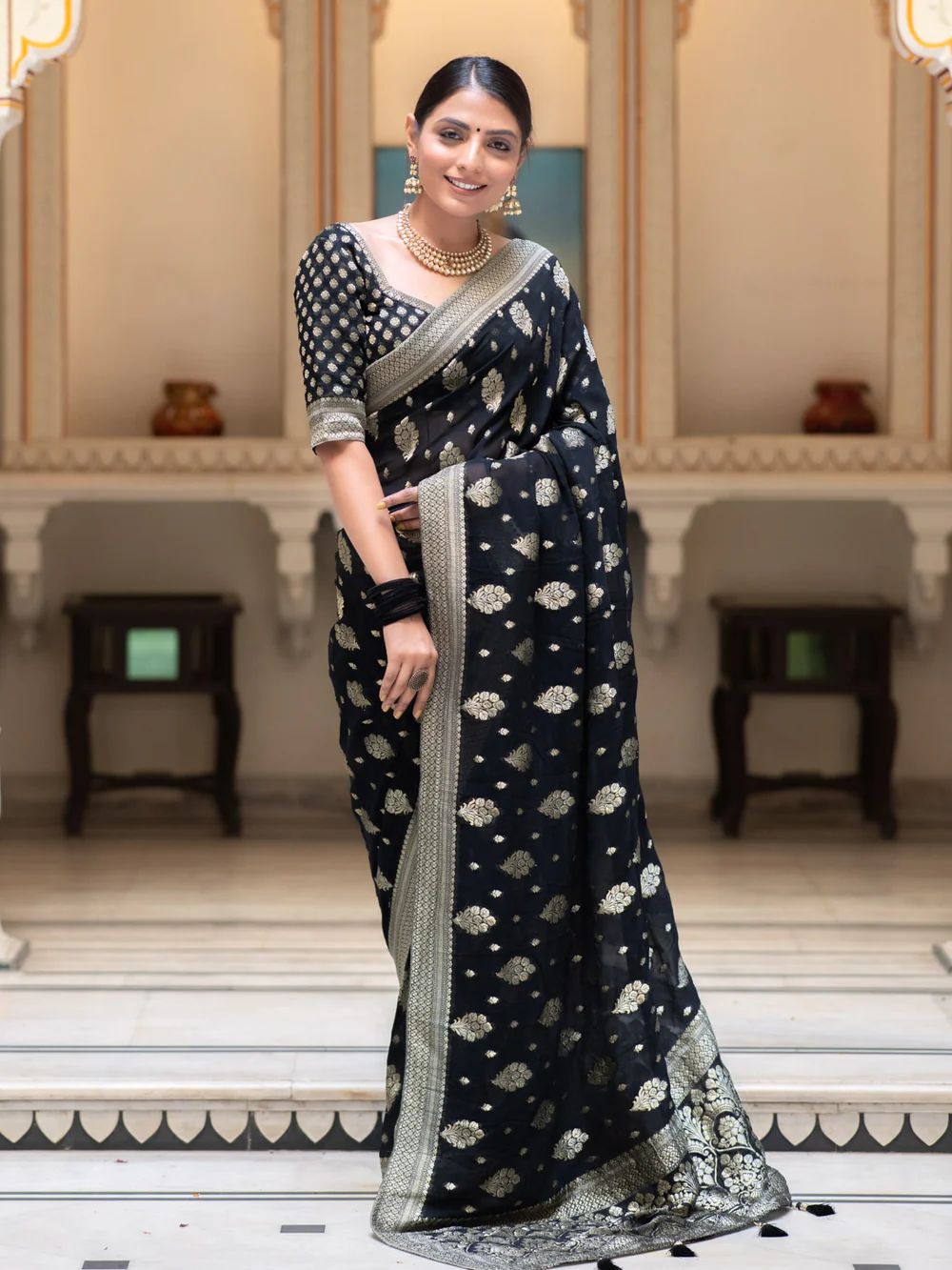 Beautiful Black Soft Banarasi Silk Saree With Desiring Blouse Piece