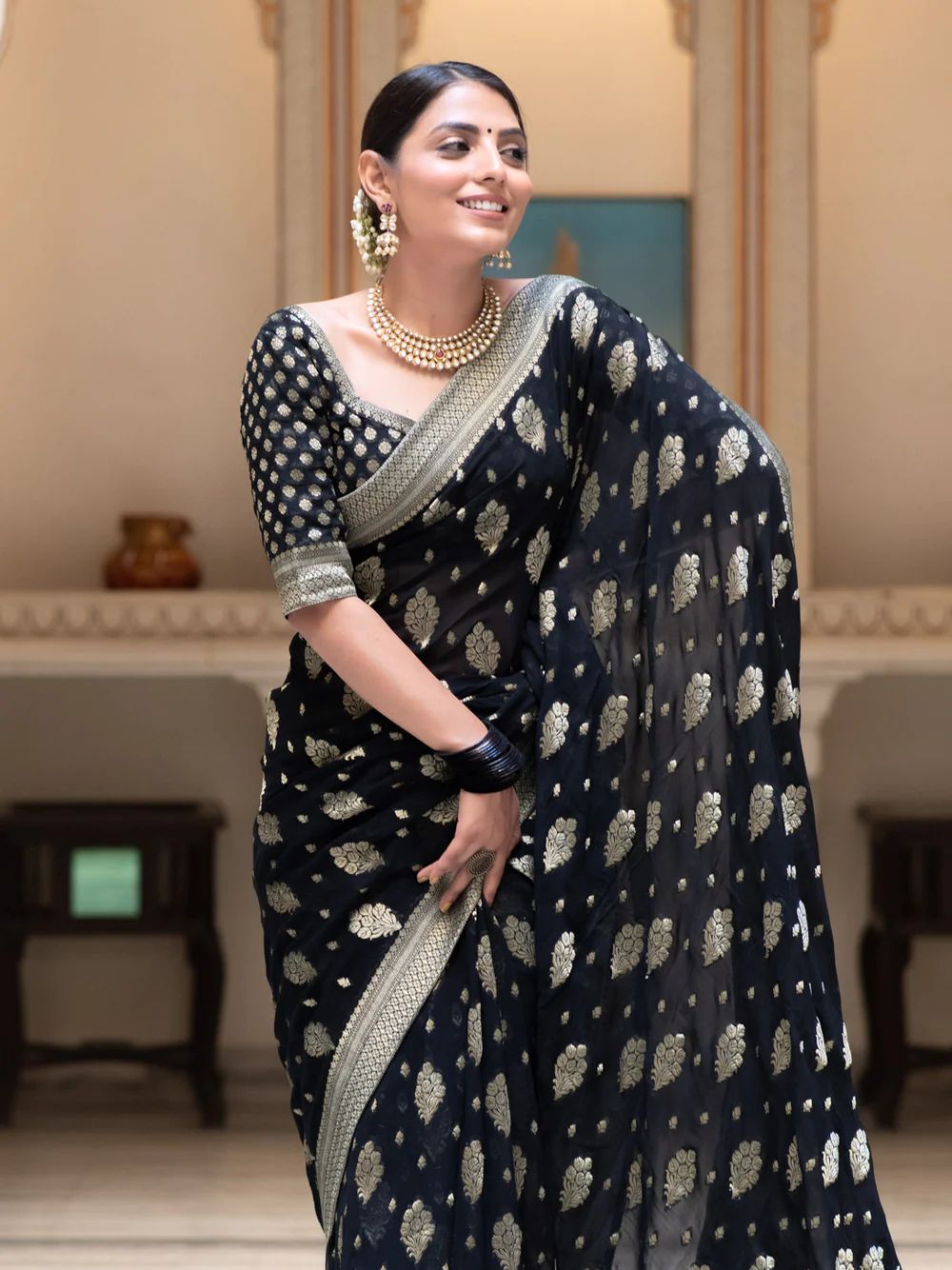 Beautiful Black Soft Banarasi Silk Saree With Desiring Blouse Piece