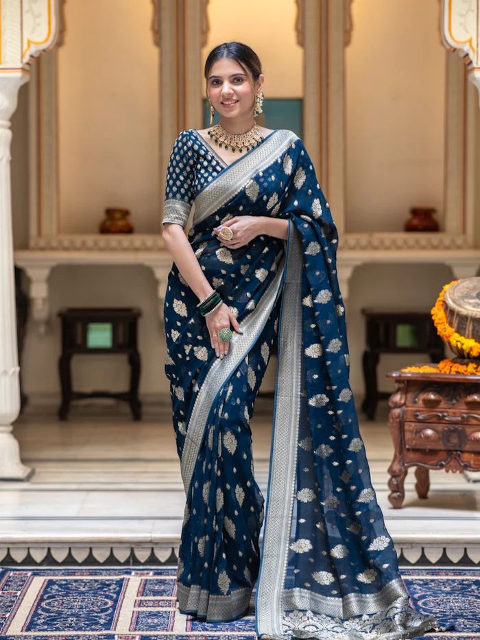 Dazzling Navy Blue Soft Banarasi Silk Saree With Attractive Blouse Piece