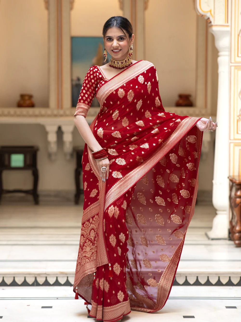 Ideal Red Soft Banarasi Silk Saree With Dalliance Blouse Piece