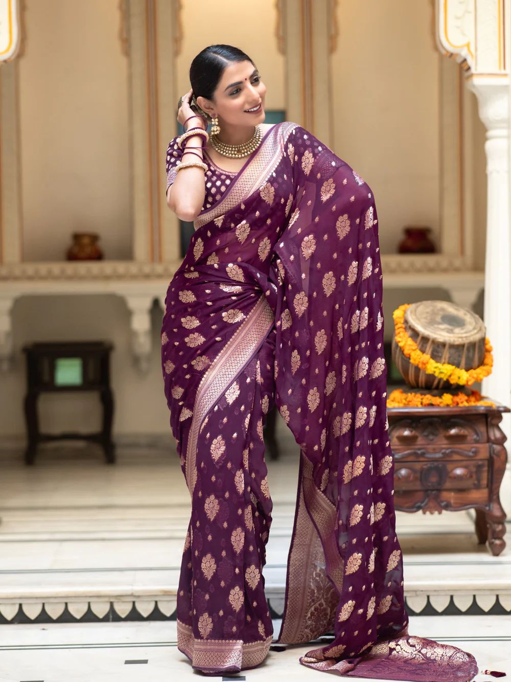 Lassitude Wine Soft Banarasi Silk Saree With Devastating Blouse Piece