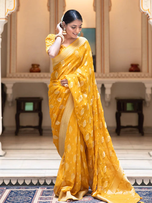 Hypnotic Yellow Soft Banarasi Silk Saree With Impressive Blouse Piece