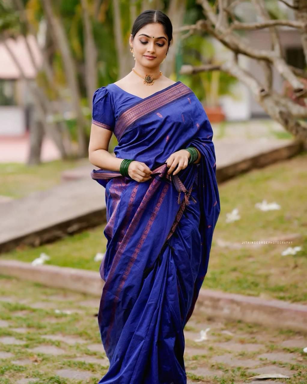 Adorable Royal Blue Soft Silk Saree With Charming Blouse Piece