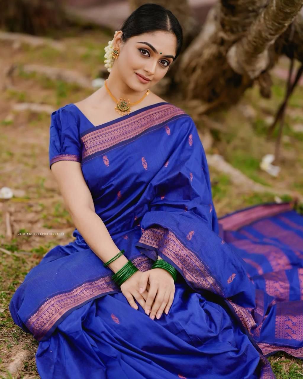 Adorable Royal Blue Soft Silk Saree With Charming Blouse Piece