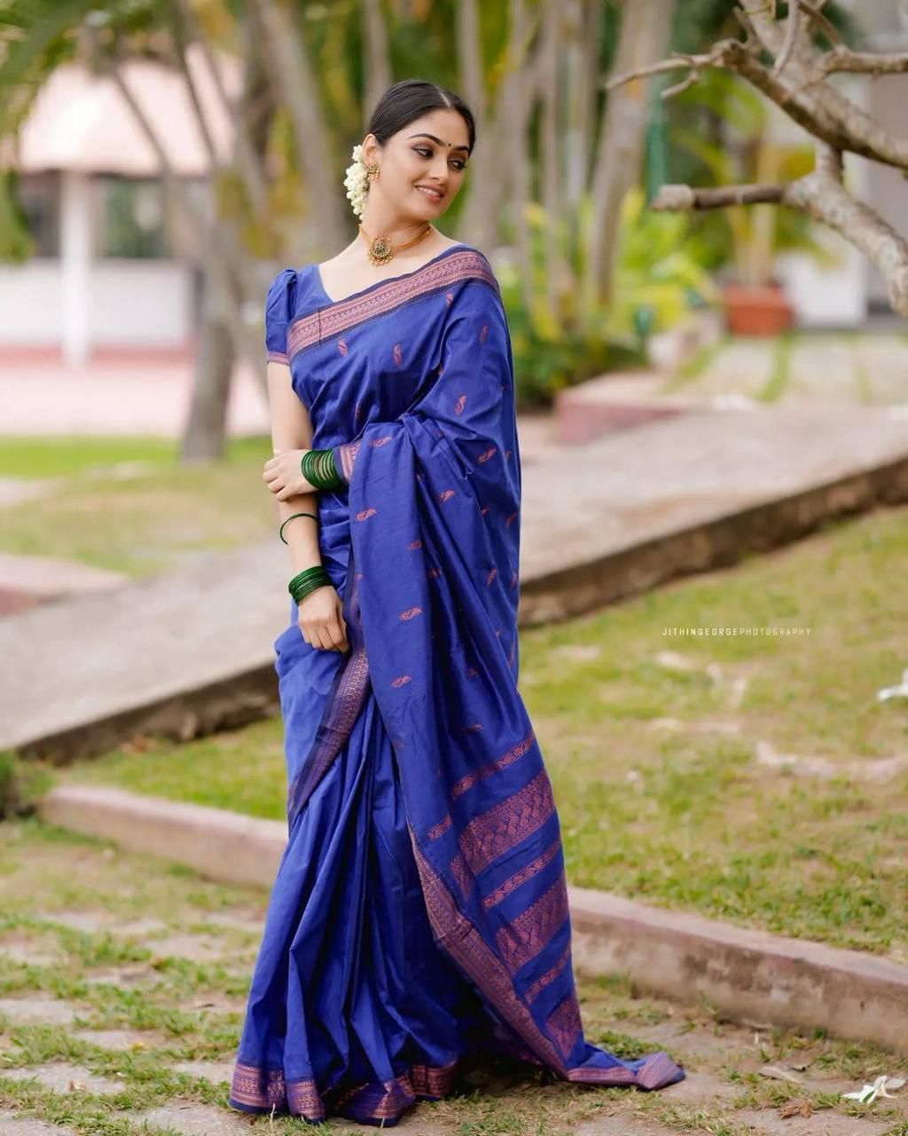 Adorable Royal Blue Soft Silk Saree With Charming Blouse Piece