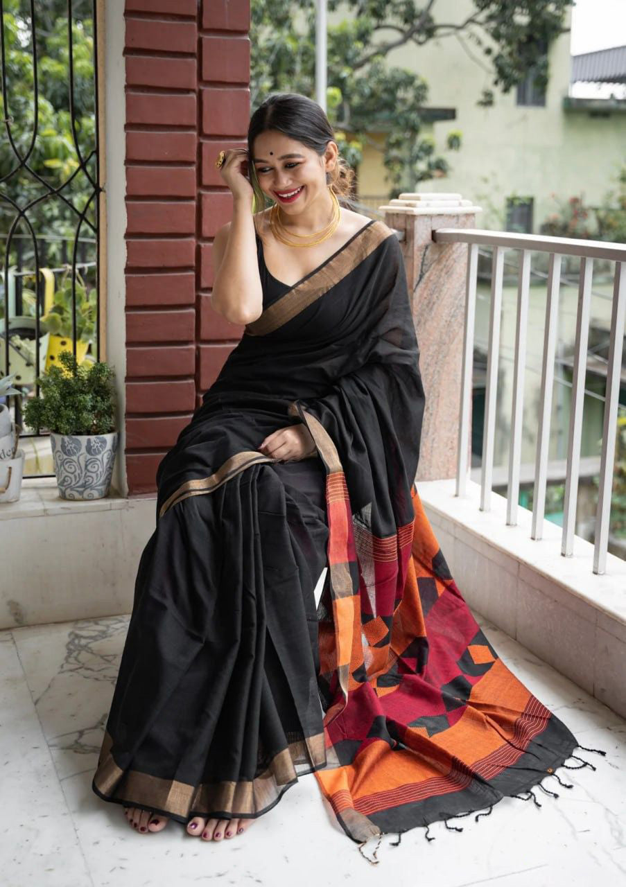 Fairytale Black Cotton Silk Saree With Mesmeric Blouse Piece