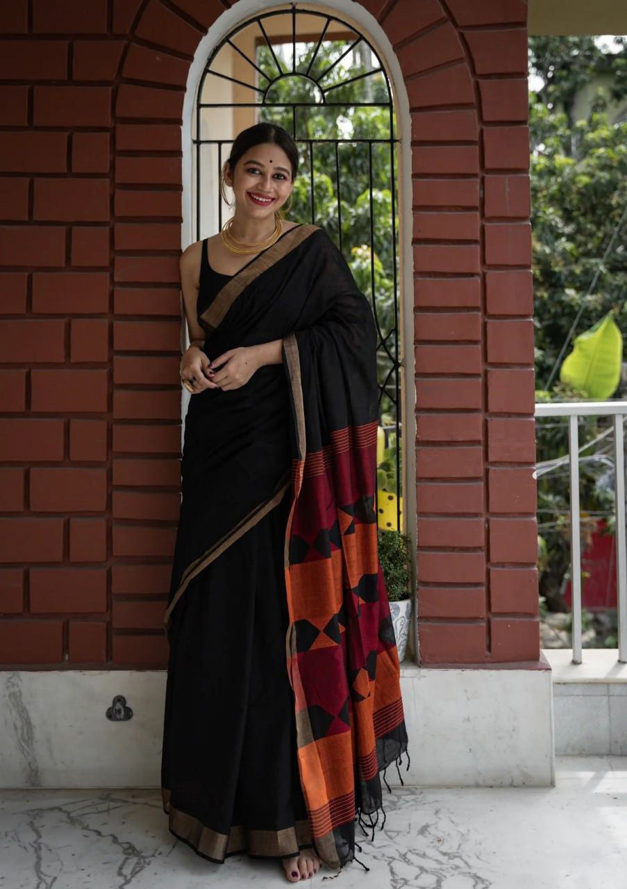 Fairytale Black Cotton Silk Saree With Mesmeric Blouse Piece