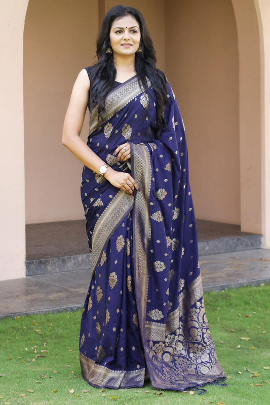 Denouement Navy Blue Soft Banarasi Silk Saree With Snappy Blouse Piece