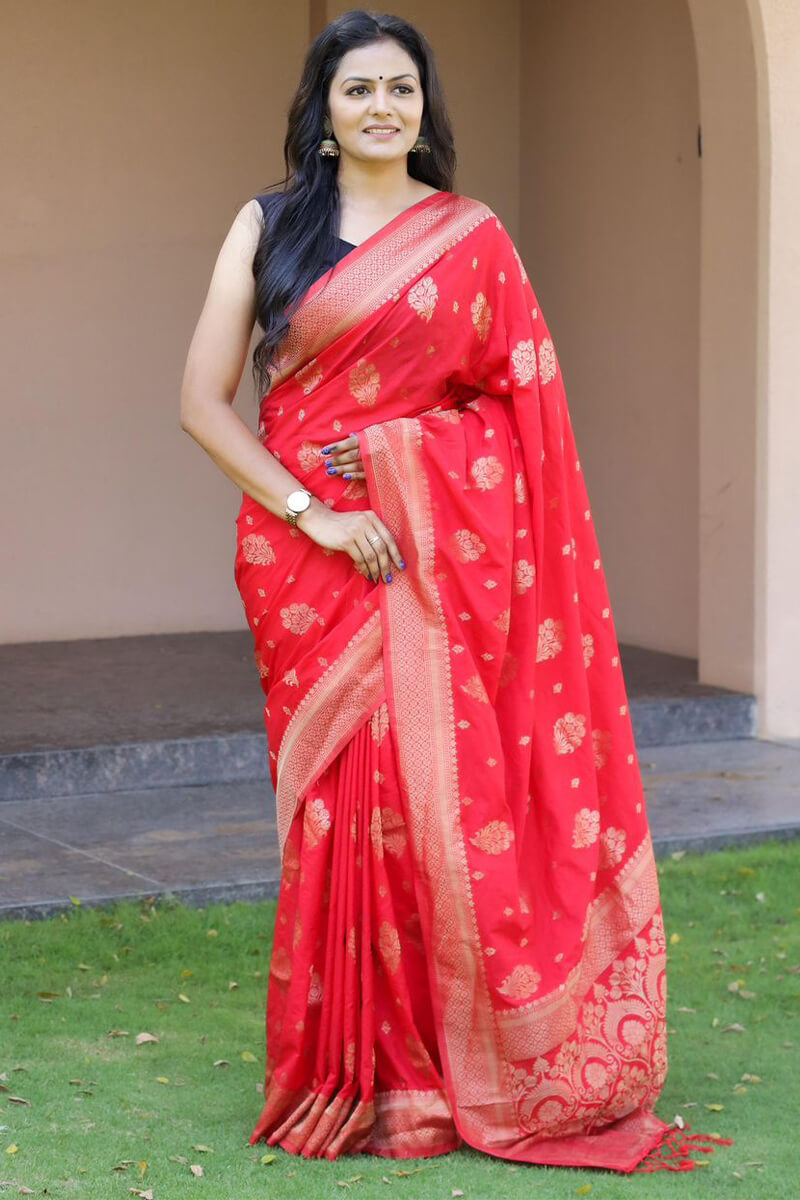 Embellished Red Soft Silk Banarasi Saree With Panache Blouse Piece