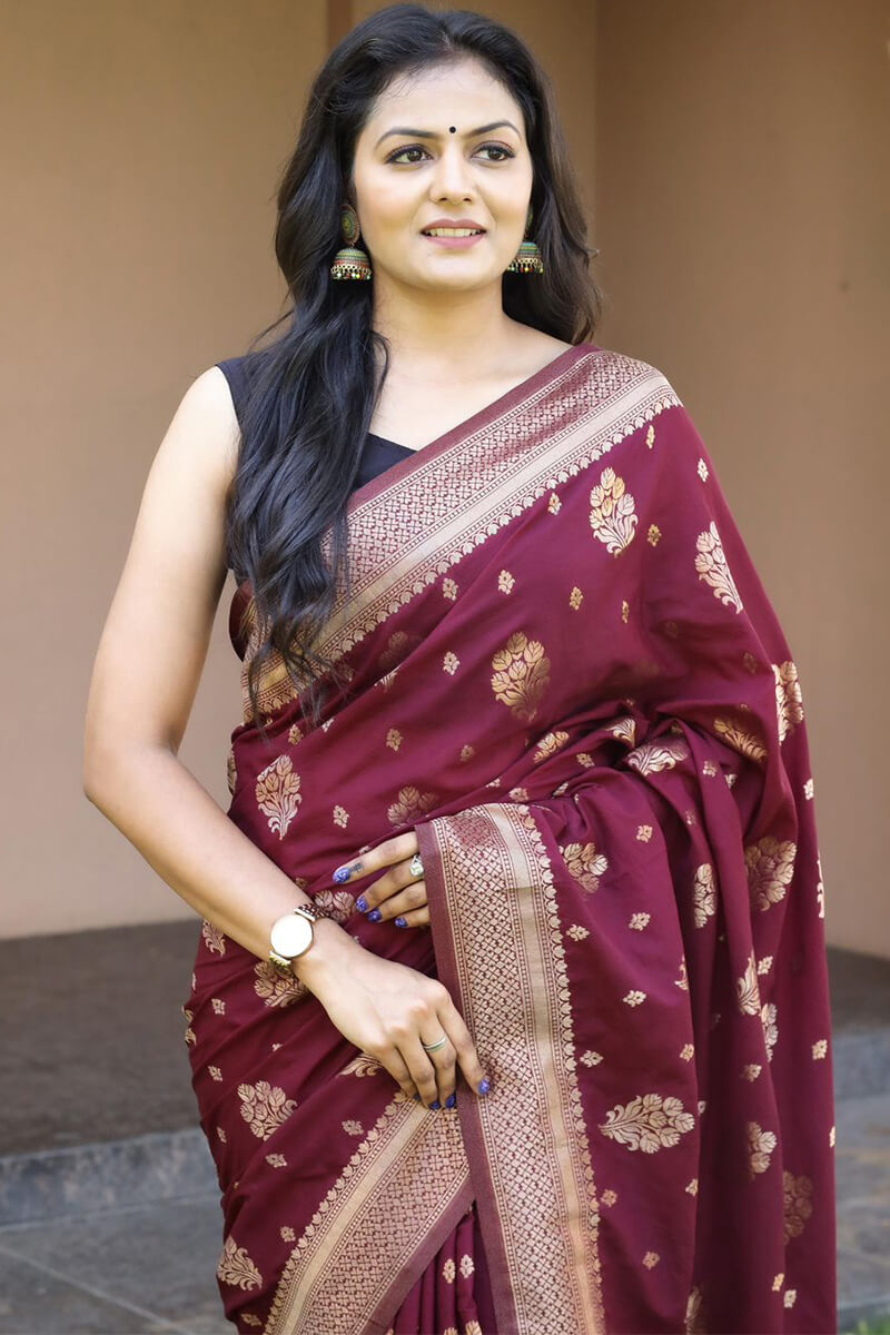 Gossamer Wine Soft Banarasi Silk Saree With Ratatouille Blouse Pieced