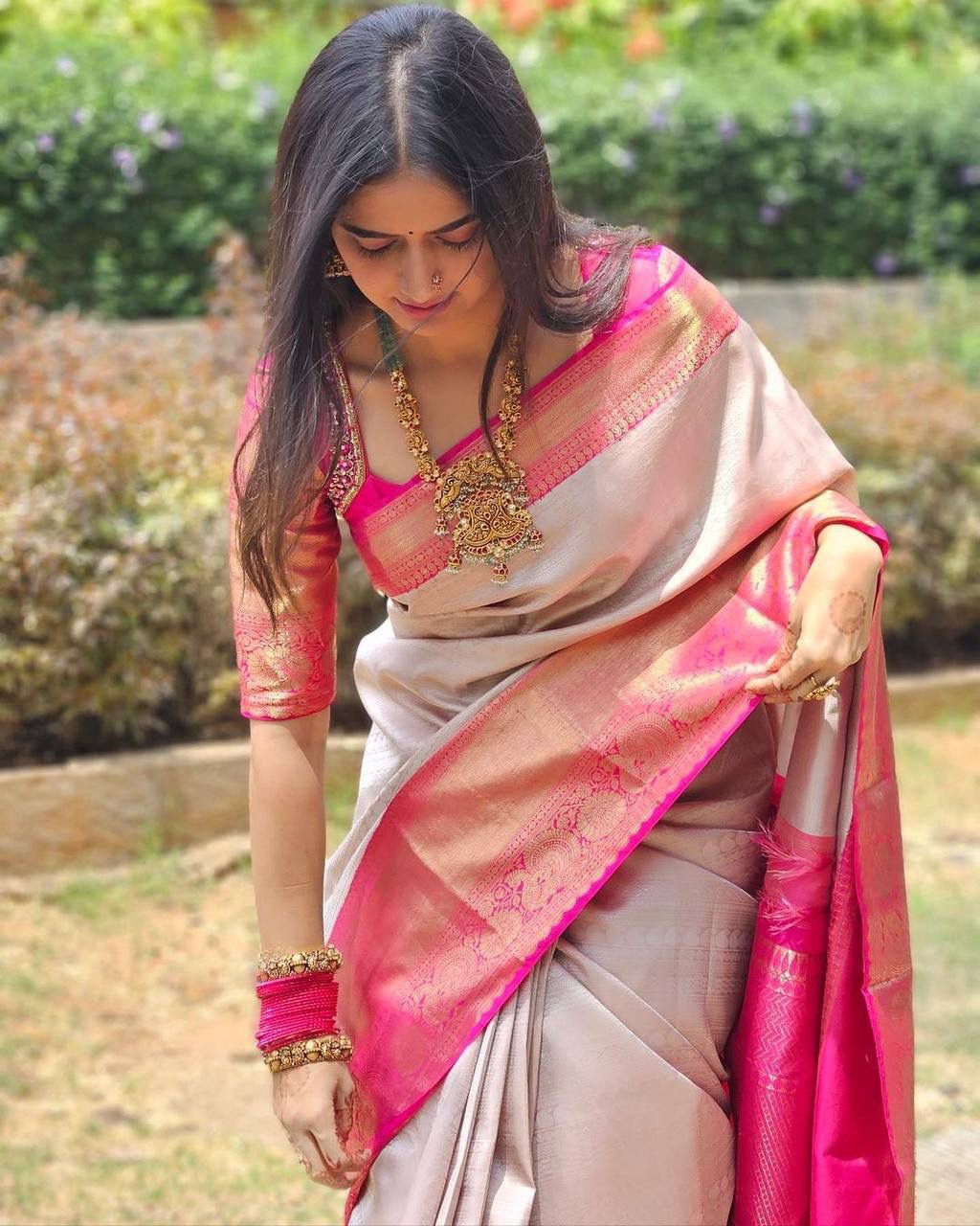 Gratifying Beige Soft Banarasi Silk Saree With Alluring Blouse Piece