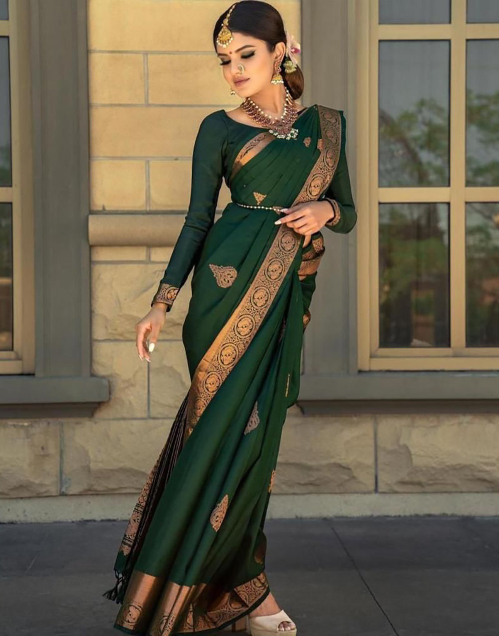 Fancy Bottle Green Soft Lichi Silk Saree With Blouse