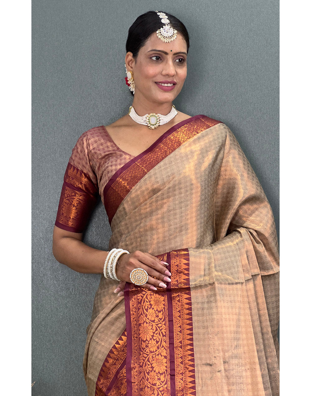 Chiku & Brown Banarasi Silk Saree With Weaving Work