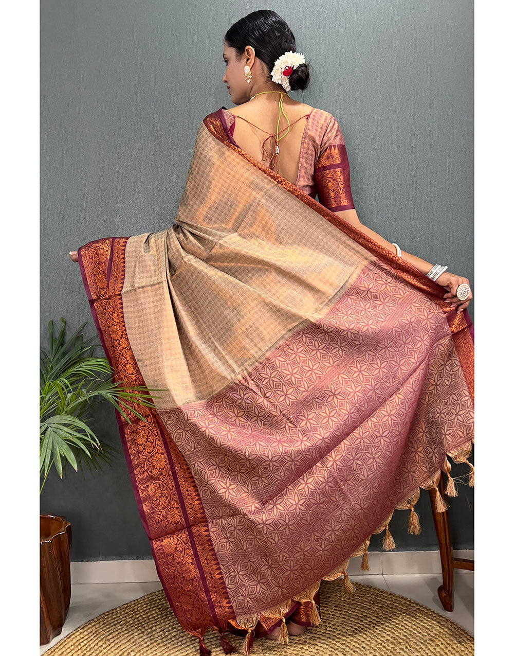 Chiku & Brown Banarasi Silk Saree With Weaving Work