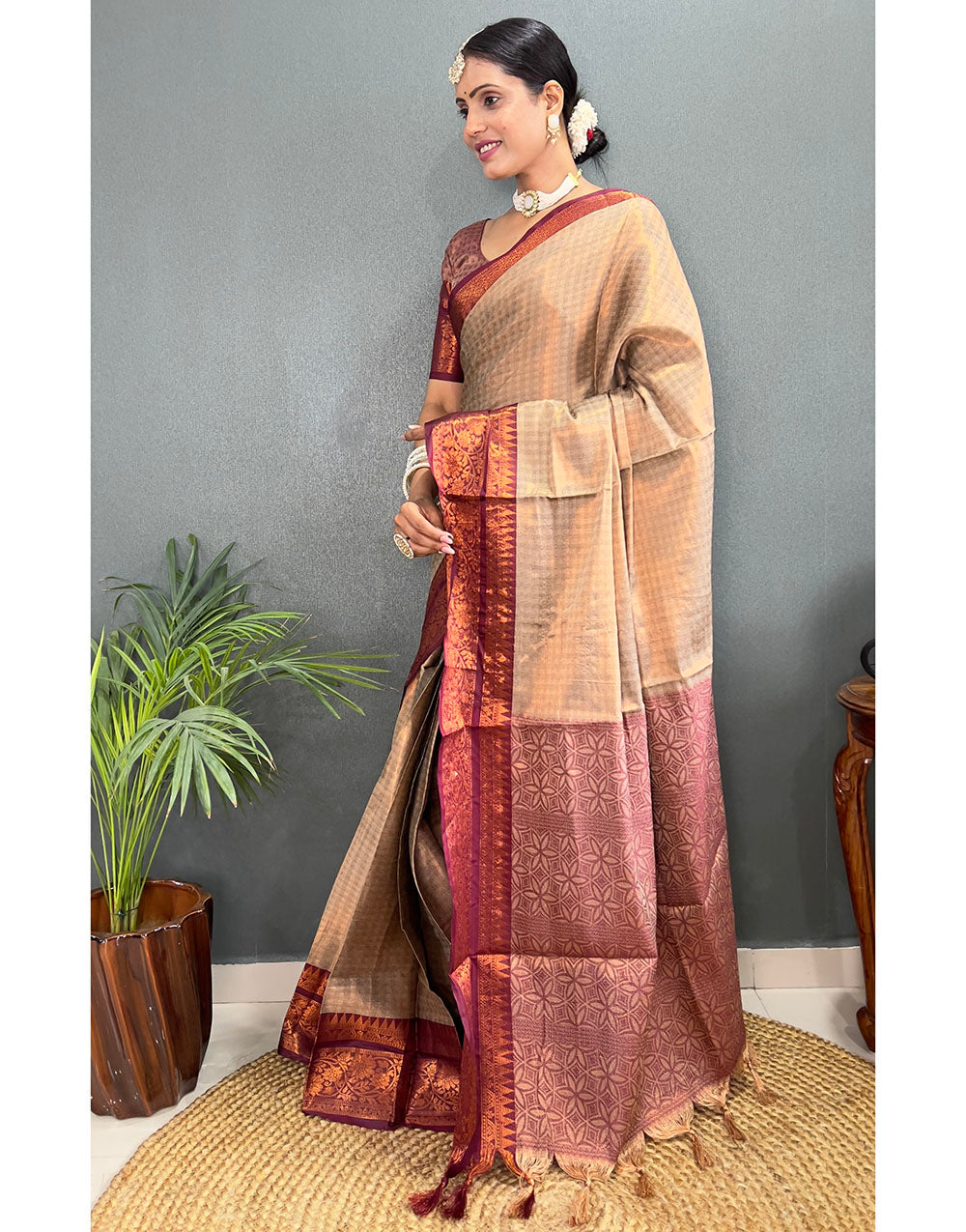 Chiku & Brown Banarasi Silk Saree With Weaving Work