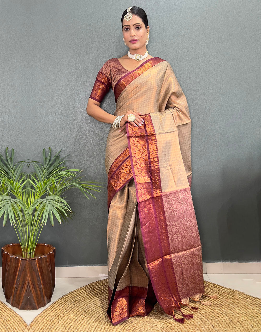 Chiku & Brown Banarasi Silk Saree With Weaving Work