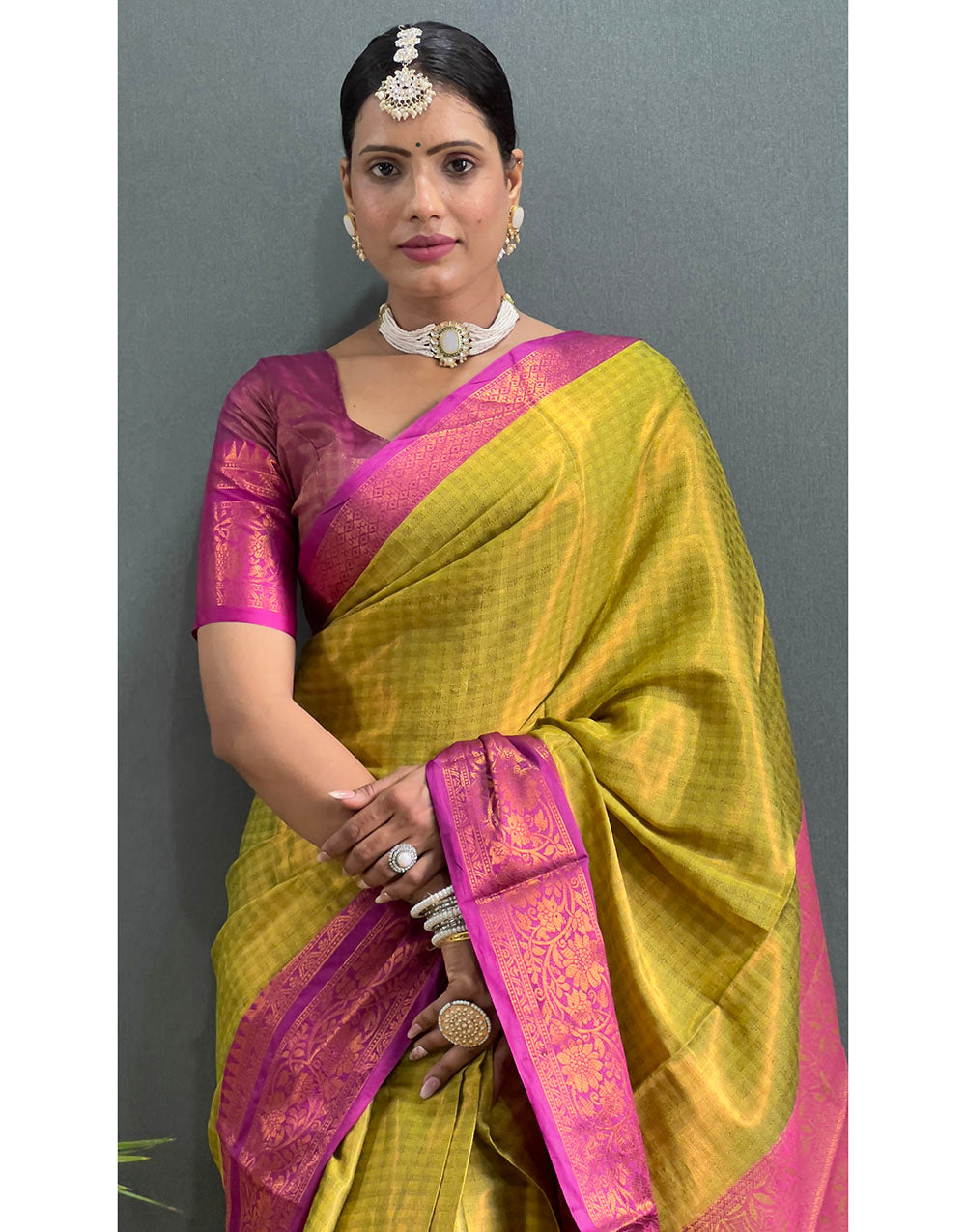 Lime Green & Pink Banarasi Silk Saree With Weaving Work