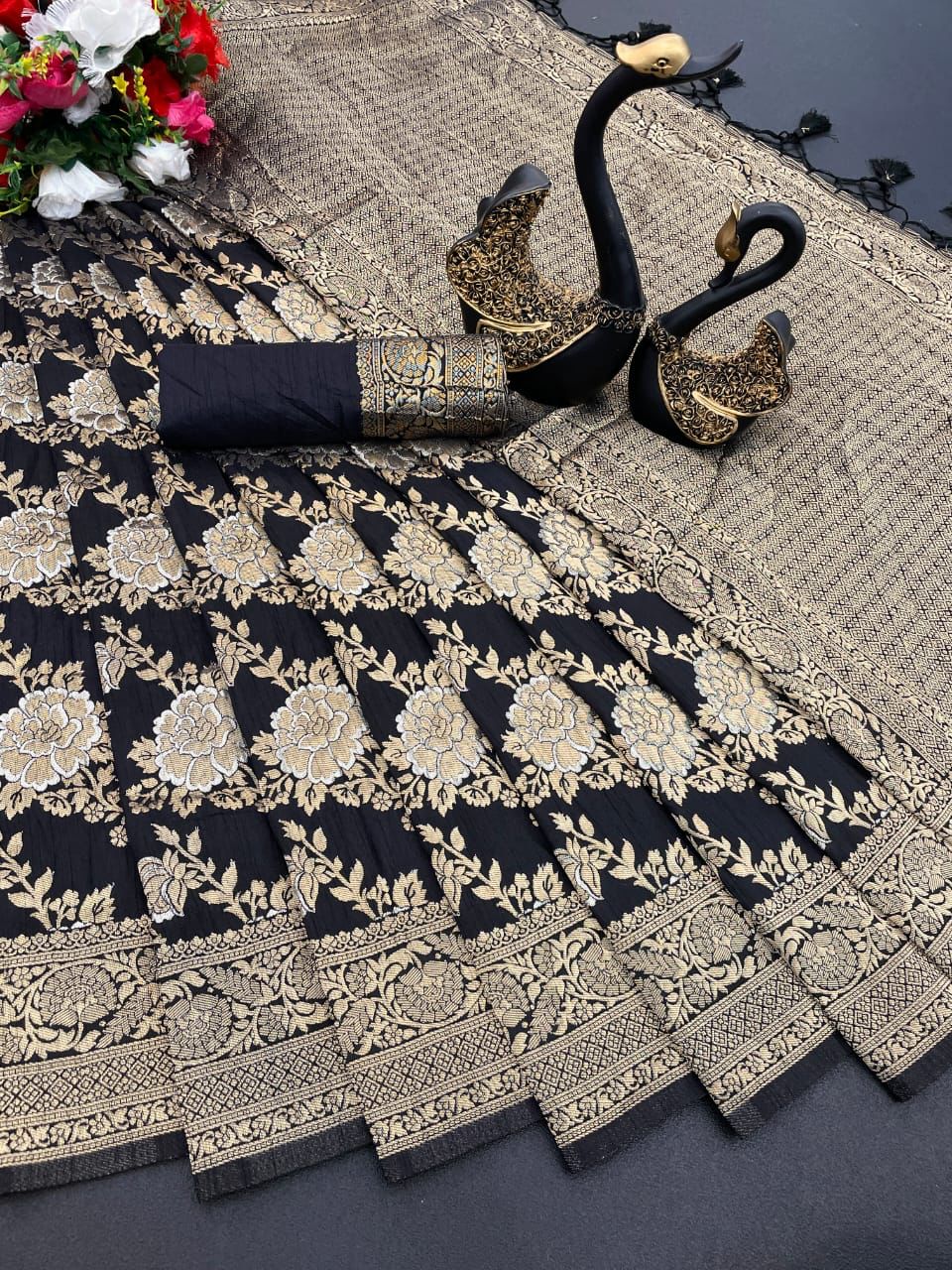 Demure Black Soft Banarasi Silk Saree With Sonorous Blouse Piece