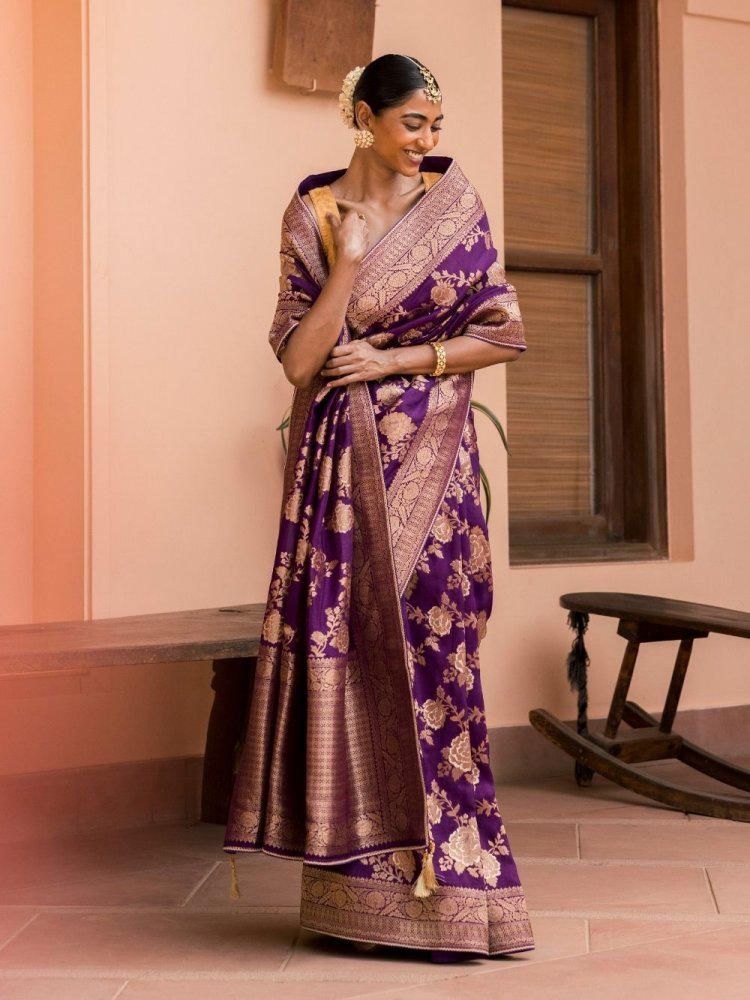 Captivating Purple Soft Banarasi Silk Saree With Ravishing Blouse Piece