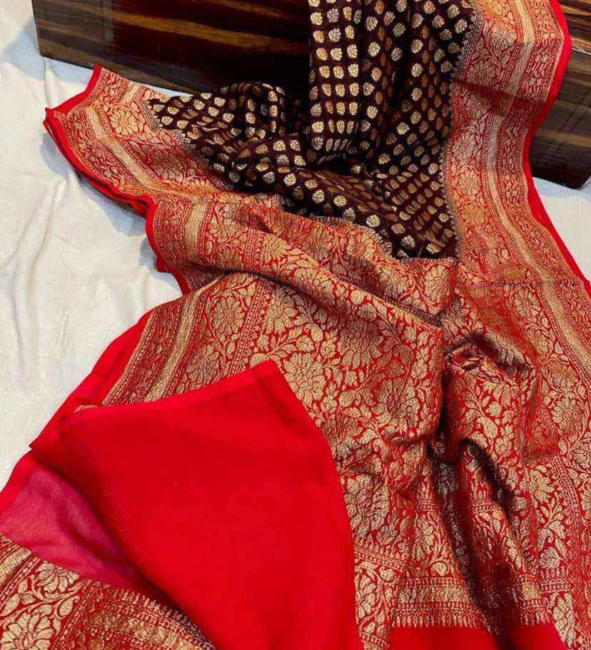 Embrocation Wine Soft Banarasi Silk Saree With Lassitude Blouse Piece