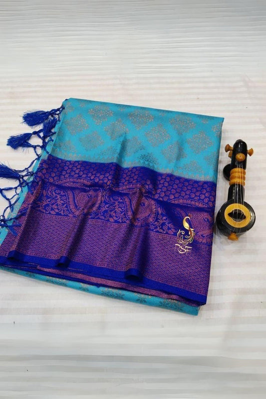 Lovely Firozi Soft Banarasi Silk Saree With Lovely Blouse Piece