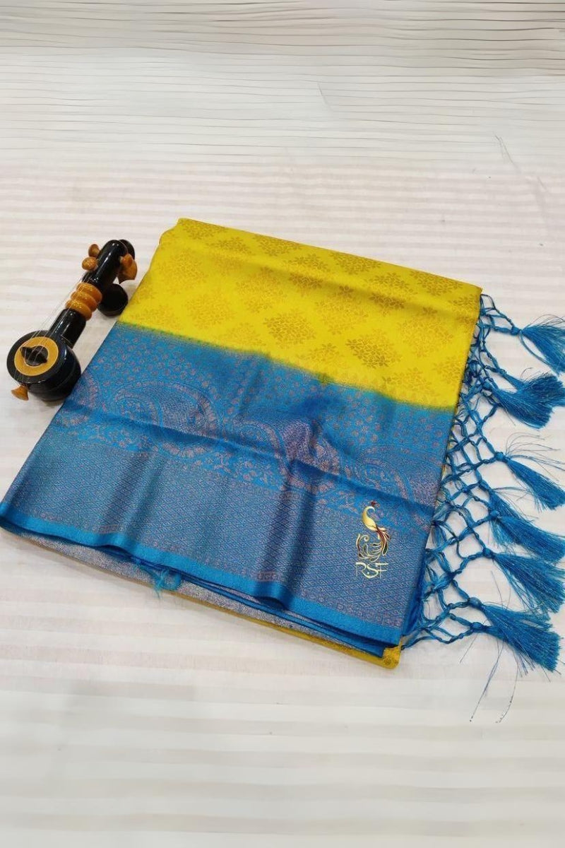 Adorable Lemon Soft Banarasi Silk Saree With Captivating Blouse Piece