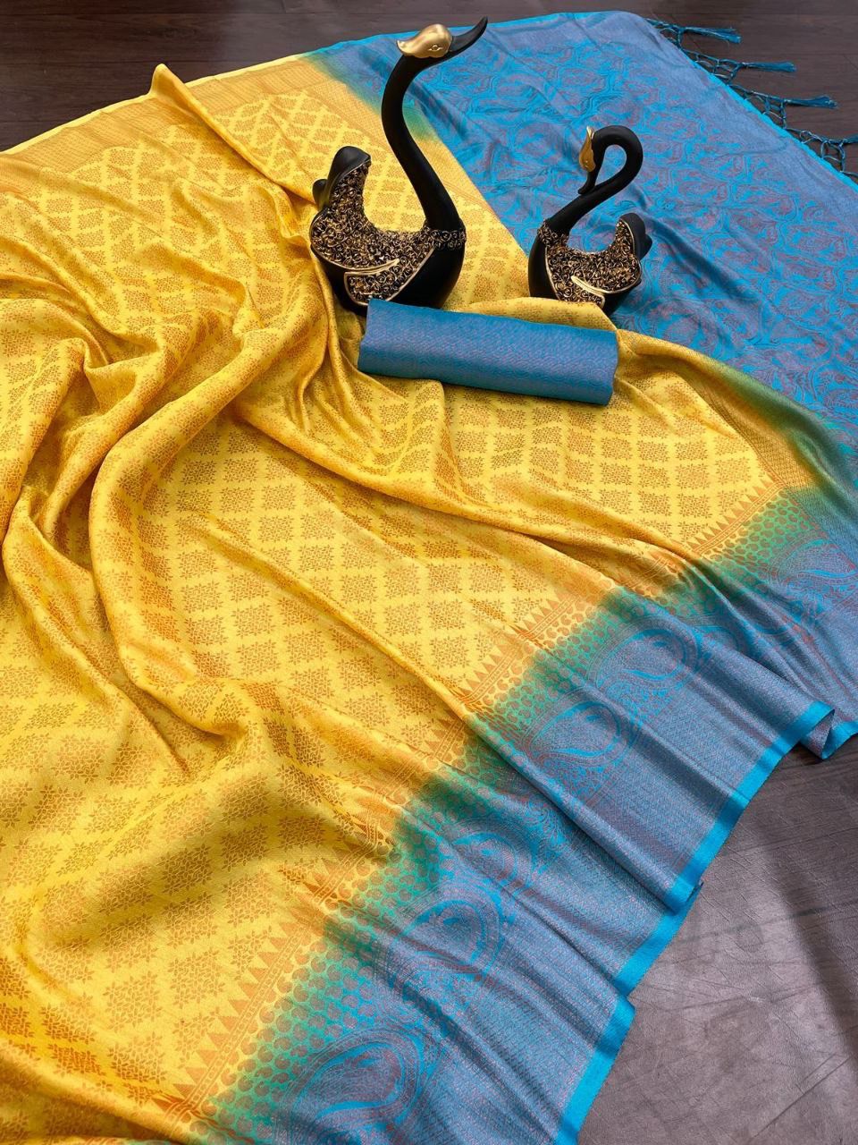 Adorable Lemon Soft Banarasi Silk Saree With Captivating Blouse Piece