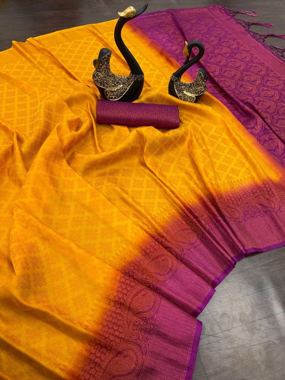 Inspiring Mustard Soft Banarasi Silk Saree With Admirable Blouse Piece