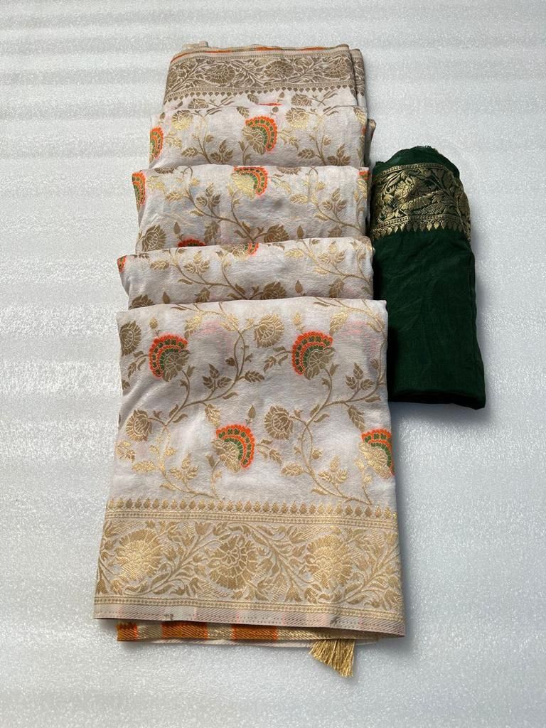 Demanding Off White Soft Banarasi Silk Saree With Engrossing Blouse Piece