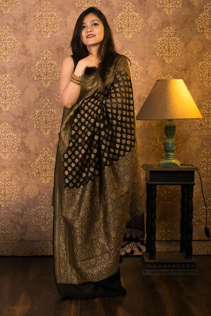 Dazzling Black Soft Banarasi Silk Saree With Gleaming Blouse Piece