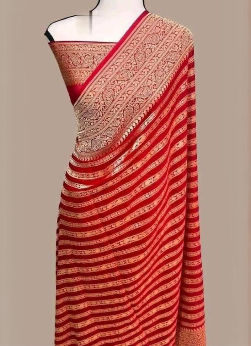 Lissome Red Soft Banarasi Silk Saree With Propinquity Blouse Piece