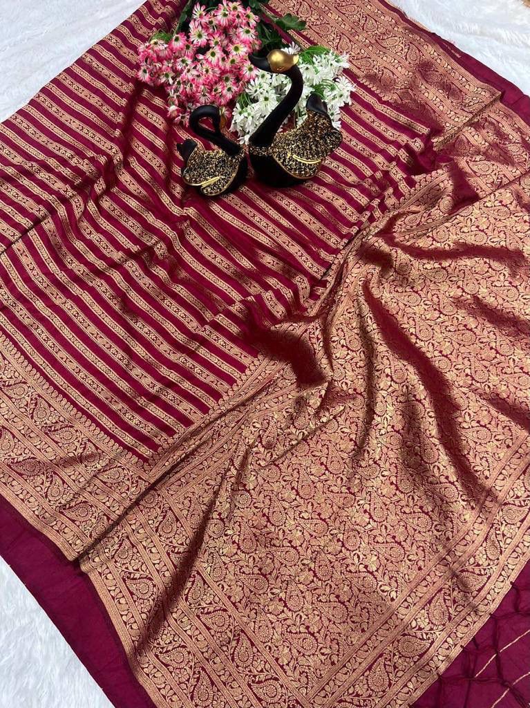 Fantabulous Wine Soft Banarasi Silk Saree With Elaborate Blouse Piece