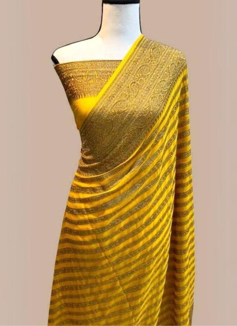 Enigmatic Yellow Soft Banarasi Silk Saree With Tempting Blouse Piece