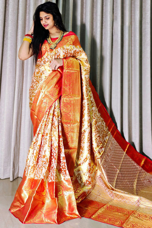 Adorning Red Kanjivaram Silk Saree With Gleaming Blouse Piece