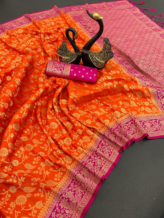 Delightful Orange Soft Banarasi Silk Saree With Engrossing Blouse Piece