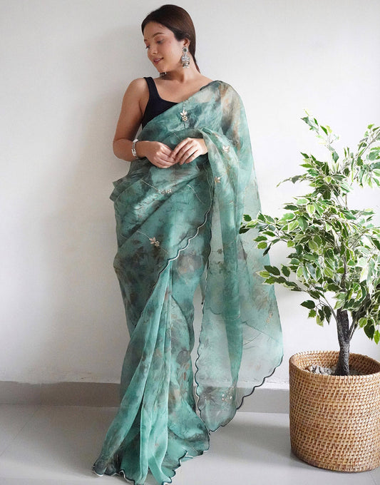 Green Organza Digital Printed Saree With Handwork & Cut Work Border