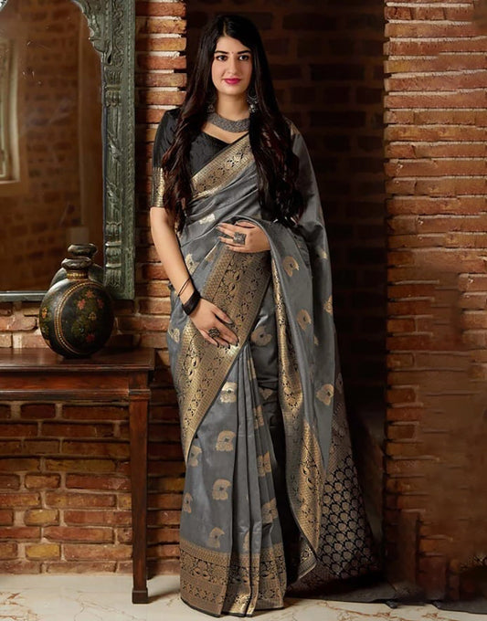 Gray Lichi Silk Saree With Zari Weaving Work