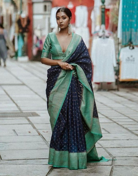 Navy Blue Banarasi Silk Saree With Zari Weaving Work