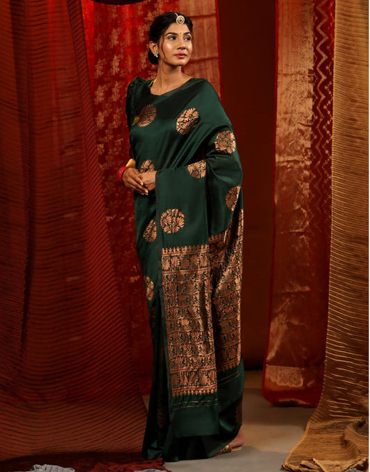 Dark Green Banarasi Silk Saree With Zari Weaving Work