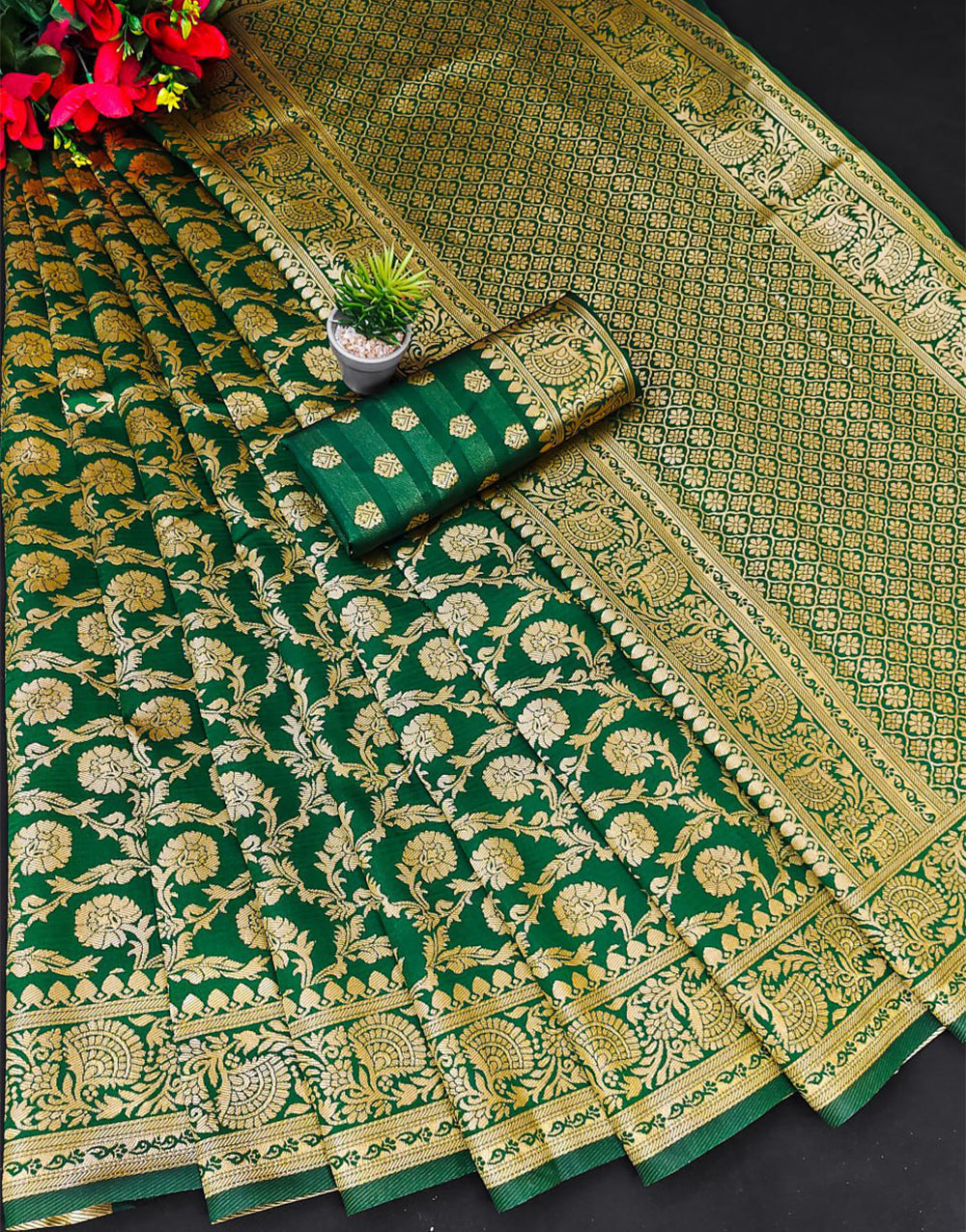 Green Banarasi Silk Saree With Zari Weaving Work