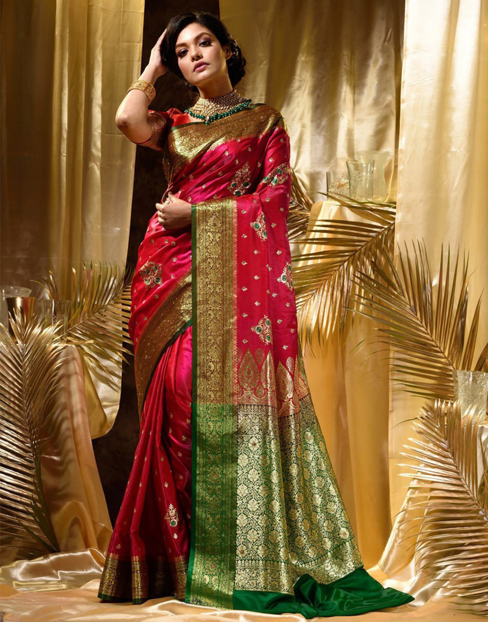 Cherry Red Banarasi Silk Saree With Zari Weaving Work