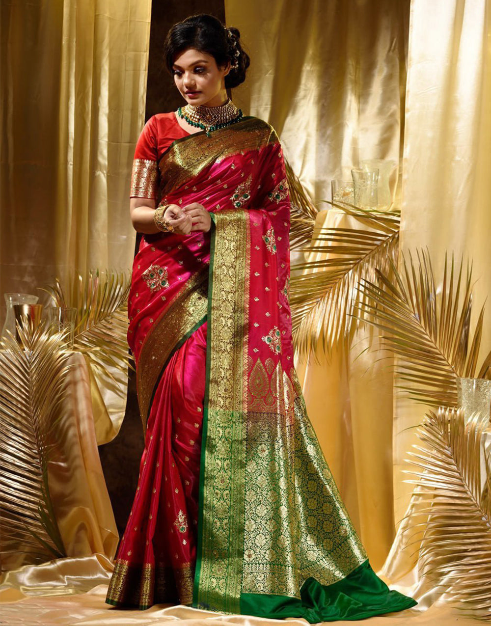 Cherry Red Banarasi Silk Saree With Zari Weaving Work