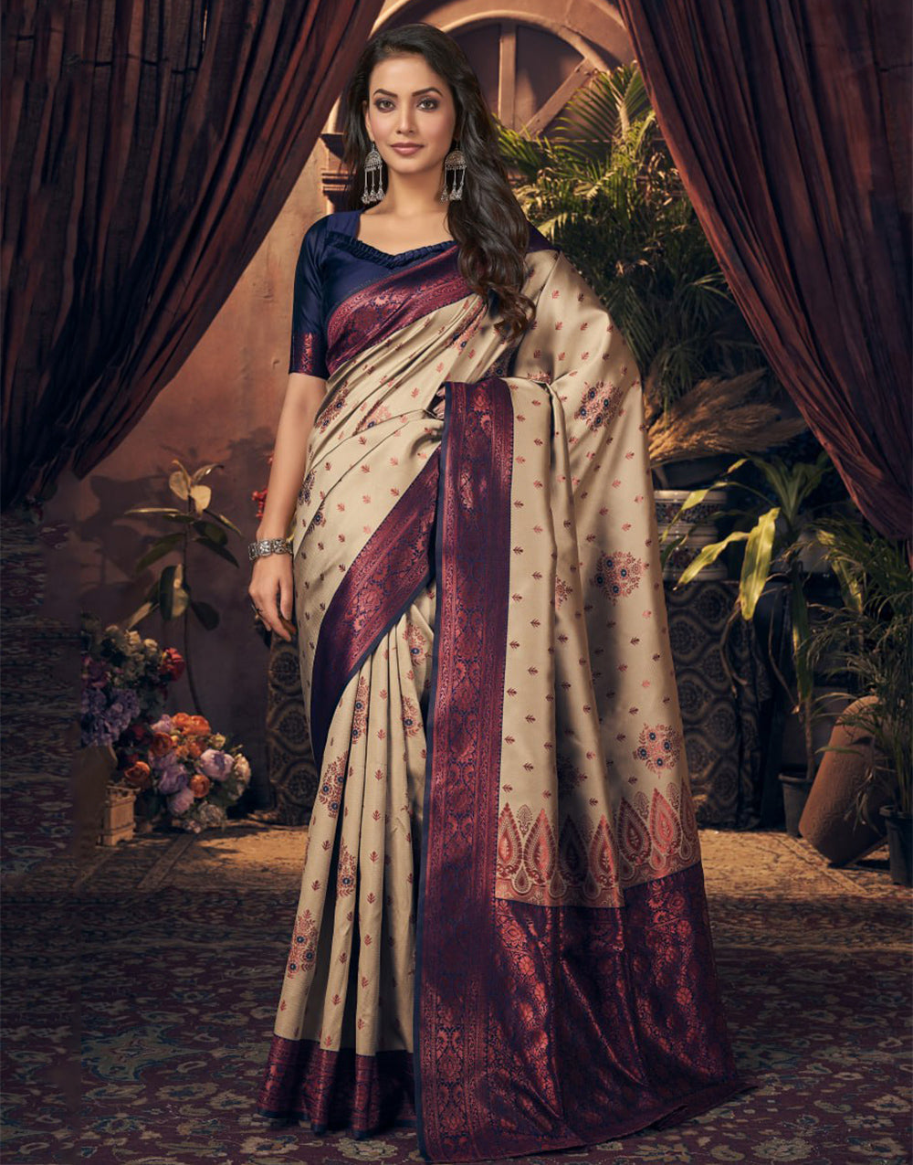 Cream Banarasi Silk Saree With Zari Weaving Work